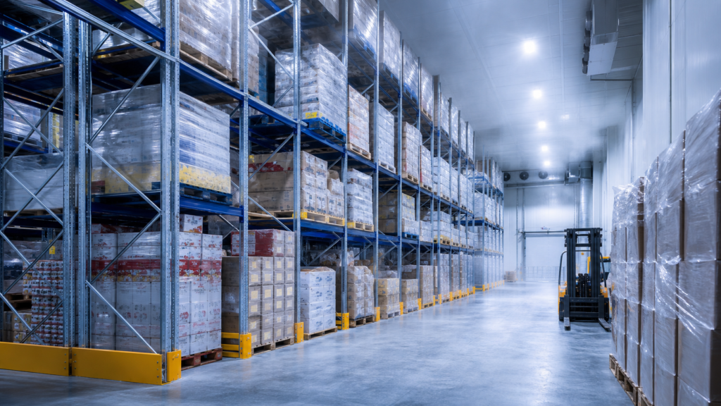 Cold storage warehousing with pallet racking and frozen goods pallets