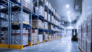Cold storage warehousing with pallet racking and frozen goods pallets